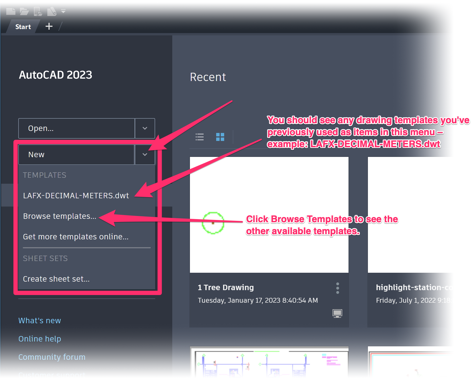 New menu in CAD Get Started screen showing template options