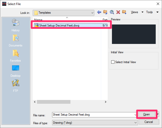 Opening a template in the Select File dialog box