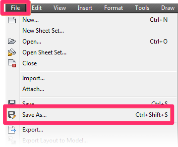 File menu, Save As option