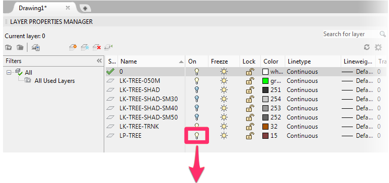 Layer Properties Manager, layer turned on