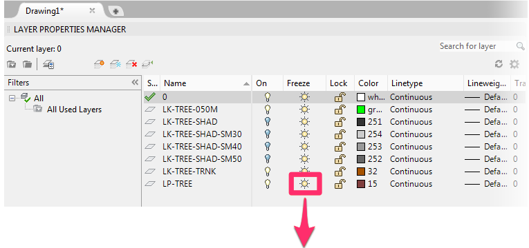 Layer Properties Manager, layer unfrozen (thawed)