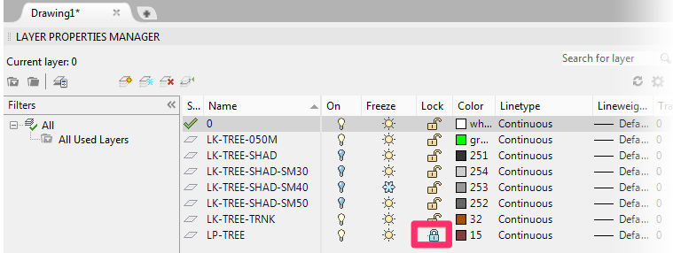 Layer Properties Manager, layer locked
