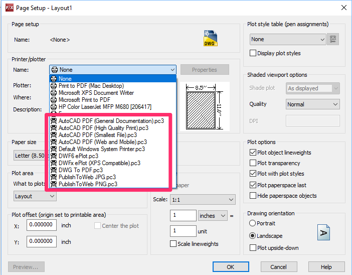 PC3 files now visible in Page Setup dialog box, plotter menu