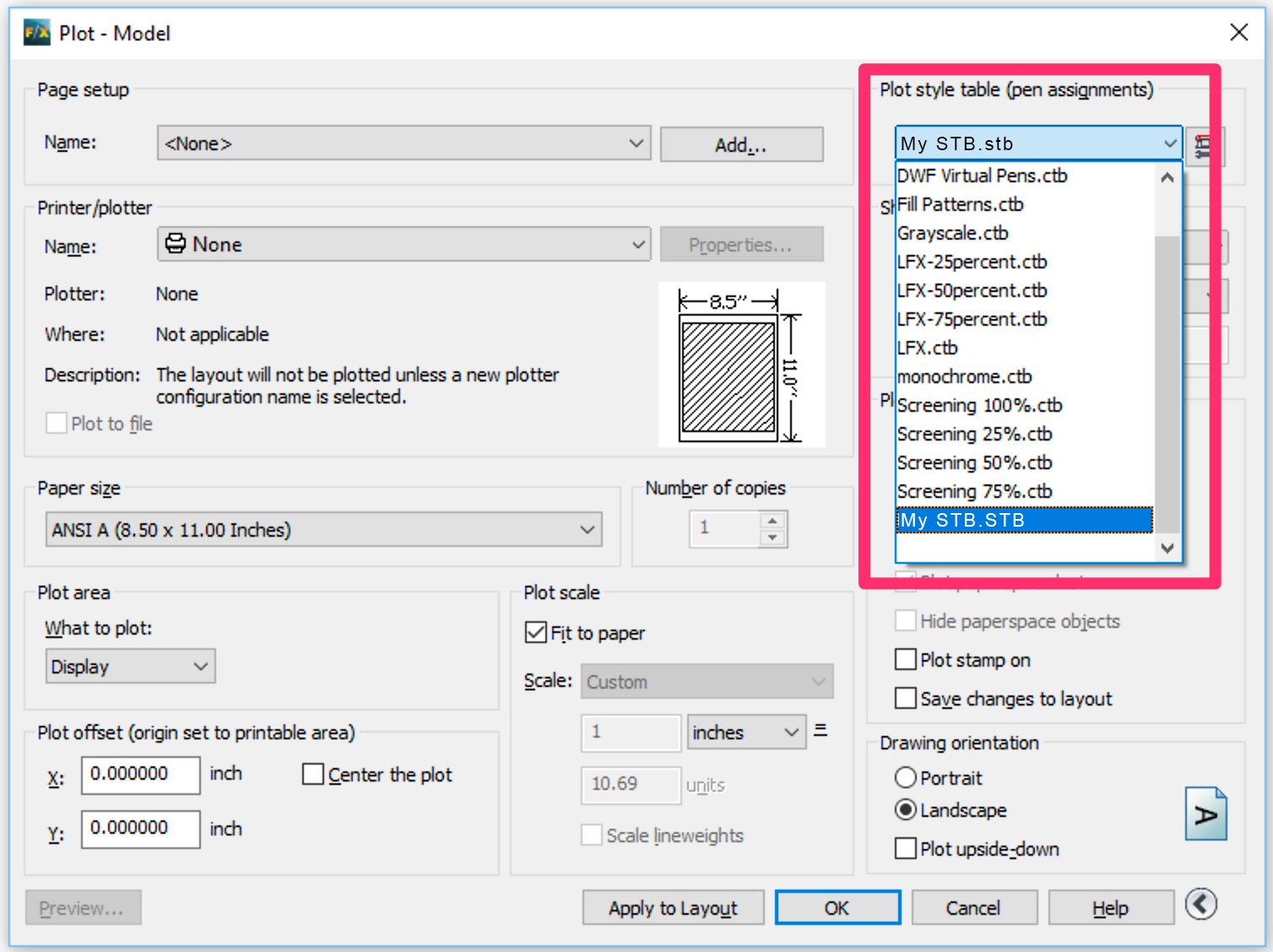 Plot dialog box, PLot Style Table (pen assignments) menu