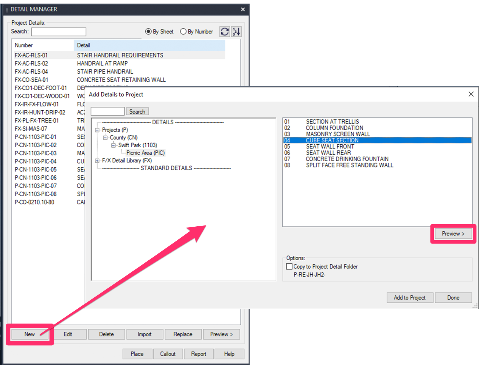 Add Details to Project dialog box, Preview button