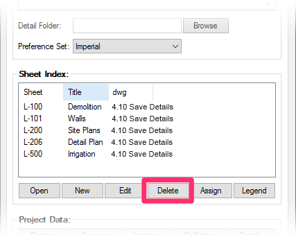 Sheet Index, Delete button