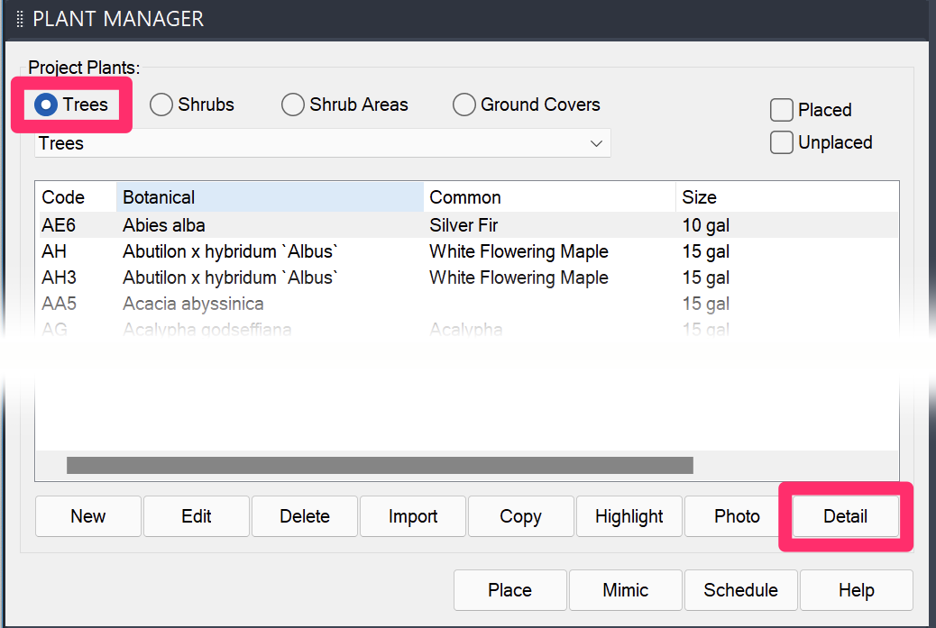 Plant Manager, Detail button