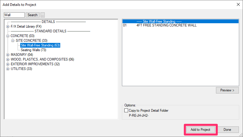 Add Details to Project dialog box, Add to Project button