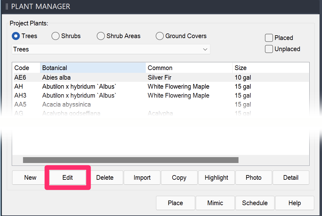 Plant Manager dialog box, Edit button