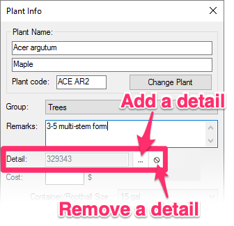 Plant Info dialog box, Set Detail and Remove Detail buttons