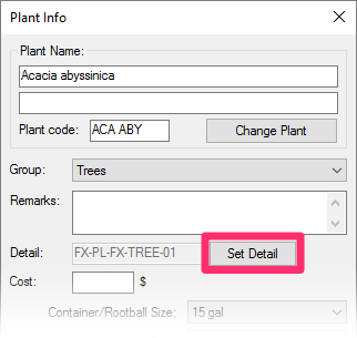 Plant Info dialog box, Set Detail button