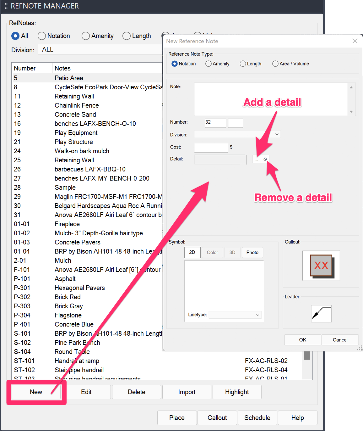 New Reference Note dialog box, Set Detail button