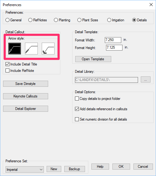 Details Preferences, Arrow styles options