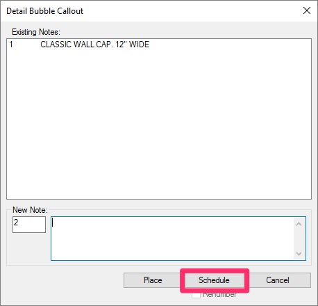 Detail Bubble Callout tool, Schedule button