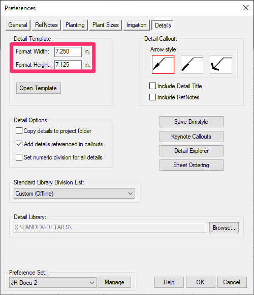 Details Preferences, Detail Template Format Width and Format Height fields