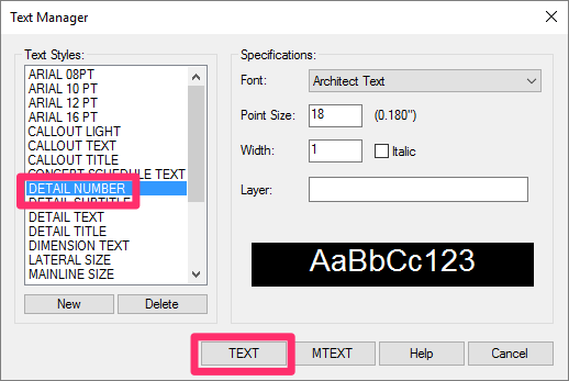 Text Manager showing Detail Number Text Style and Text button
