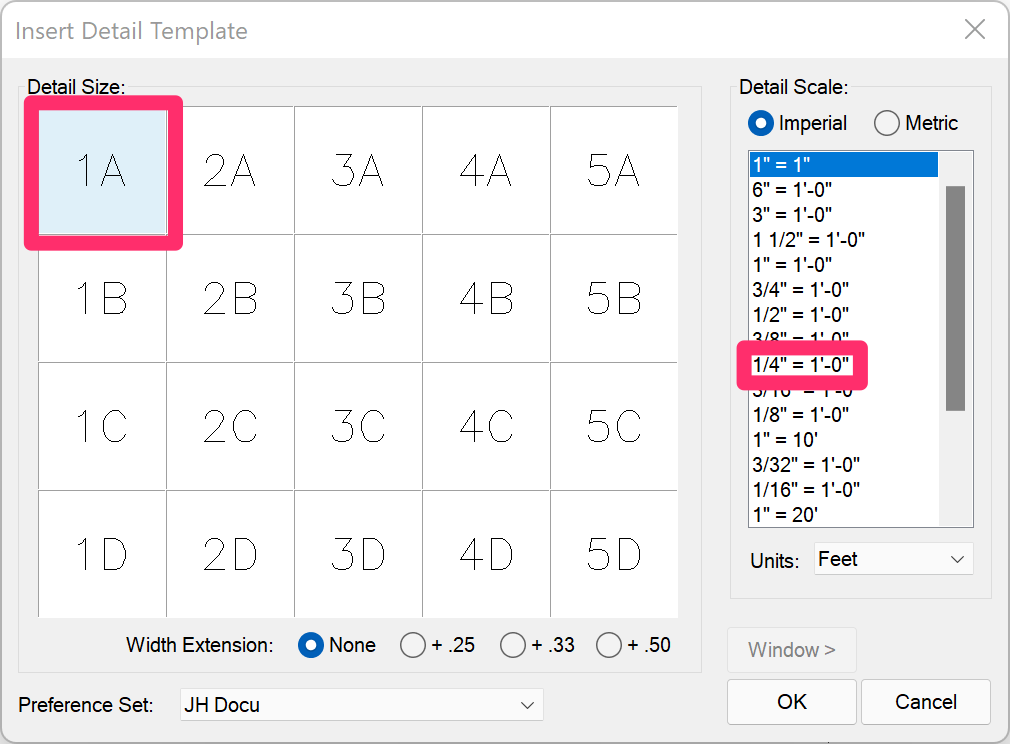 Detail Size and Scale dialog box, setting a template size and scale