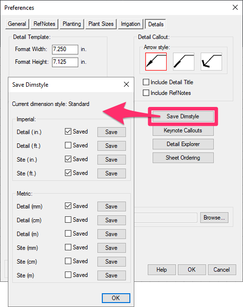 Details Preferences, Save DimStyle setting