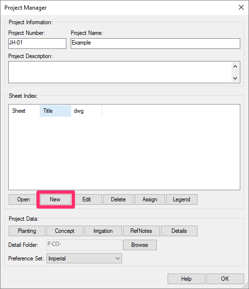 Sheet Index in Project Manager, New button