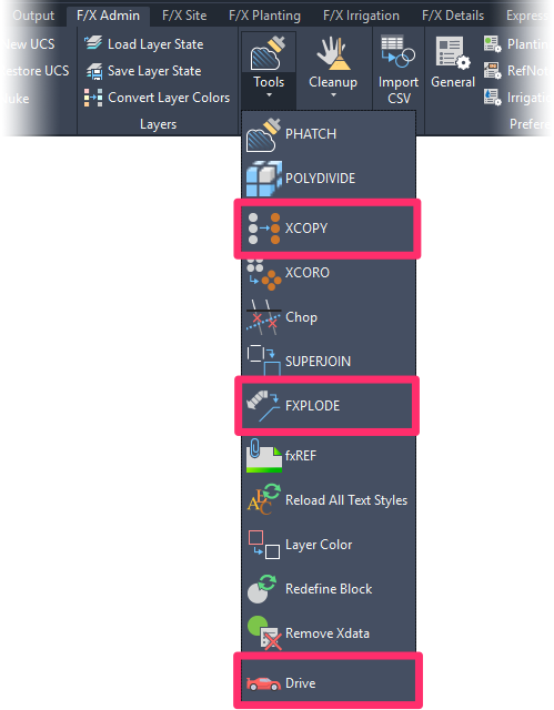 XCOPY, FXPlode, and Drive tool buttons removed from F/X Admin ribbon