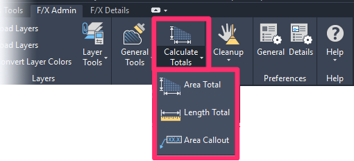 F/X Admin ribbon, Area Total, Length Total, and Area Callouts buttons