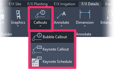Former locations of the Bubble Callout, Keynote Callout, and Keynote Schedule tool buttons on the F/X Details ribbon