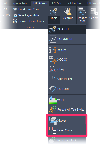 Former location of Xlayer and Layer Color tools on F/X Admin ribbon