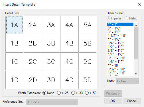 Insert Detail Template dialog box, size and scale settings