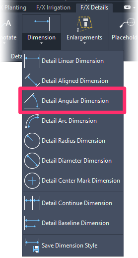 F/X Details ribbon, Detail Angular Dimension flyout