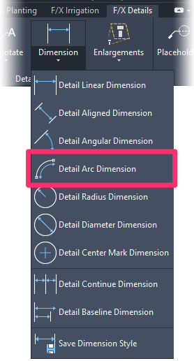 F/X Details ribbon, Detail Arc Dimension flyout