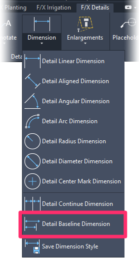 F/X Details ribbon, Detail Baseline Dimension flyout