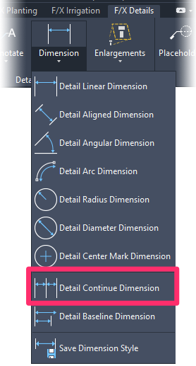 F/X Details ribbon, Detail Continue Dimension flyout