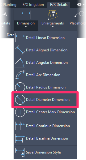 F/X Details ribbon, Detail Diameter Dimension flyout