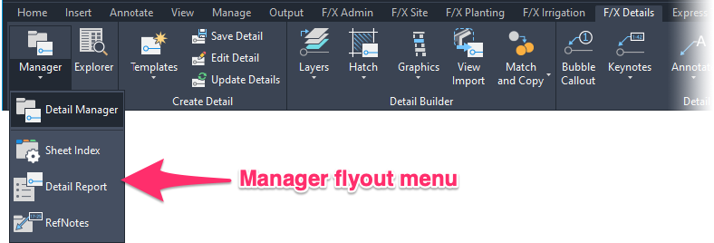 F/X Details ribbon, Manager flyout menu
