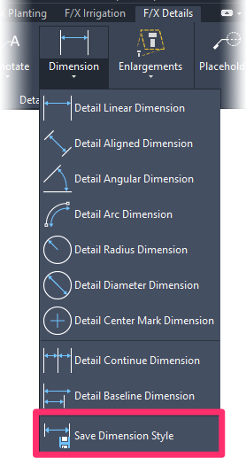 F/X Details ribbon, Save Dimension Style flyout