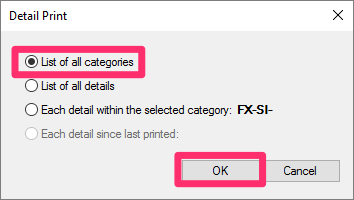 Detail Print dialog box, List of all categories option