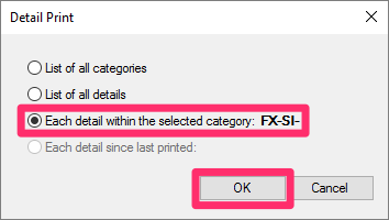 Detail Print dialog box, Each detail within the selected category option