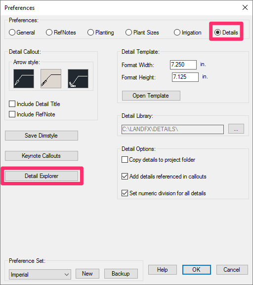 Details Preferences screen, Detail Explorer button
