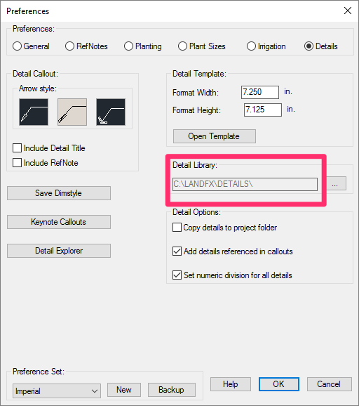 Details Preferences, Detail Library location