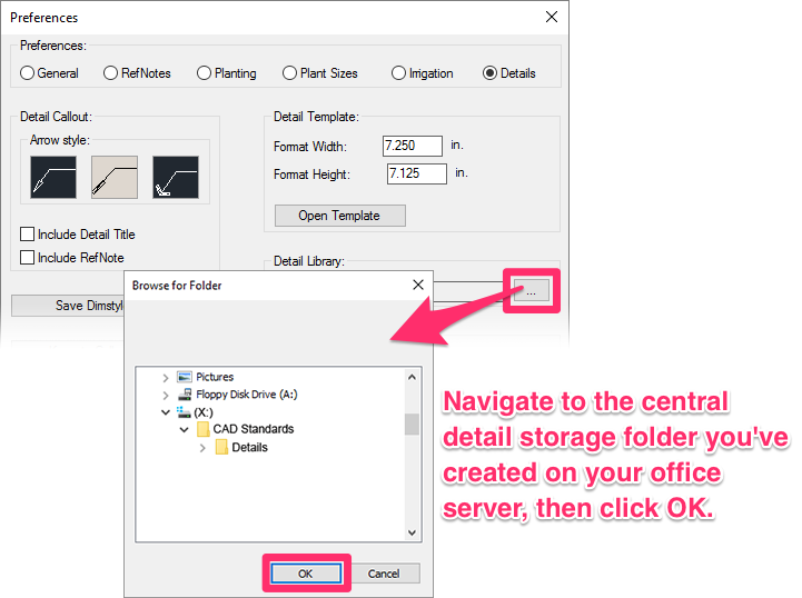 Example of navigating to a detail library location in the Details Preferences