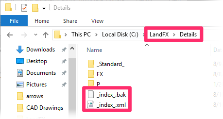 LandFX/Details folder showing _index_.xml and _index_.bak files