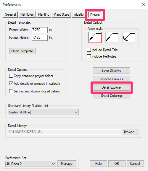 Details Preferences screen, Detail Explorer button