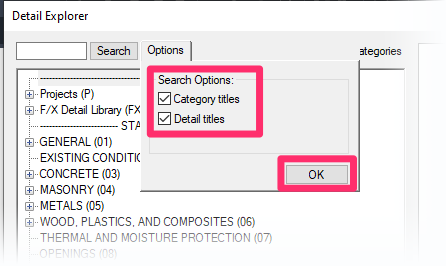 Options for searching for details by catagory titles or detail titles
