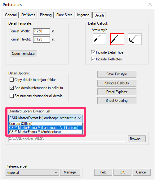 Details Preferences, Standard Library Division List menu