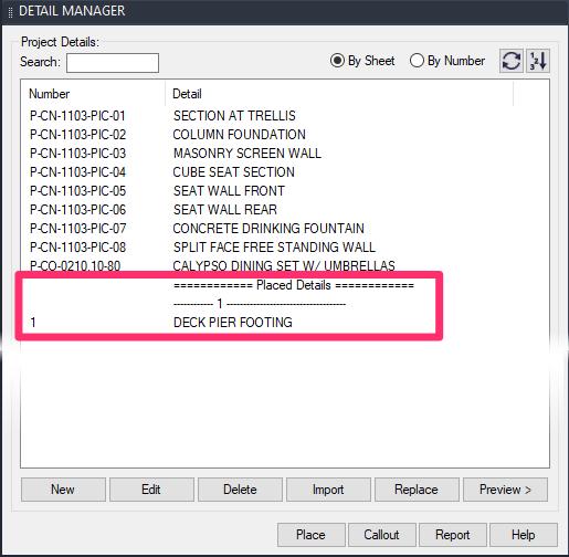 Detail Manager, Placed Details list