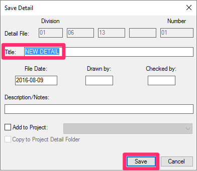 Save Detail dialog box, Title field