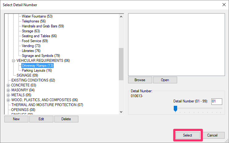 Select Detail Number dialog box, Select button
