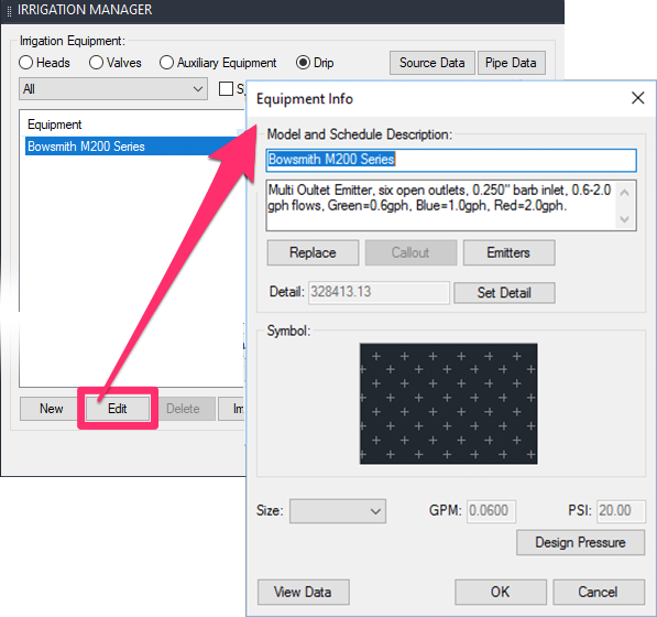 Assigning emitter types and numbers to Drip Emitter Areas after adding them to a project