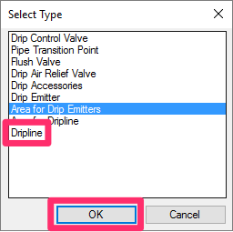 Select Type dialog box, Dripline option