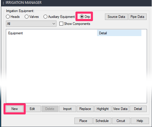 Irrigation Manager, Drip category, New button